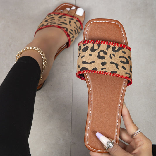 STUNNLY  Leopard PU Leather Flat Sandals Red 36(US5) 