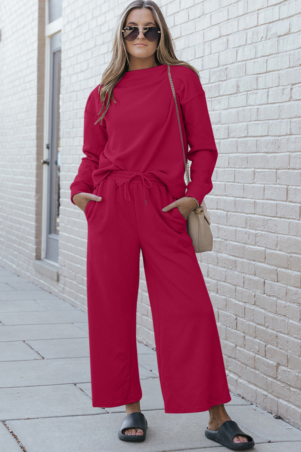 Double Take Full Size Textured Long Sleeve Top and Drawstring Pants Set Cerise S 