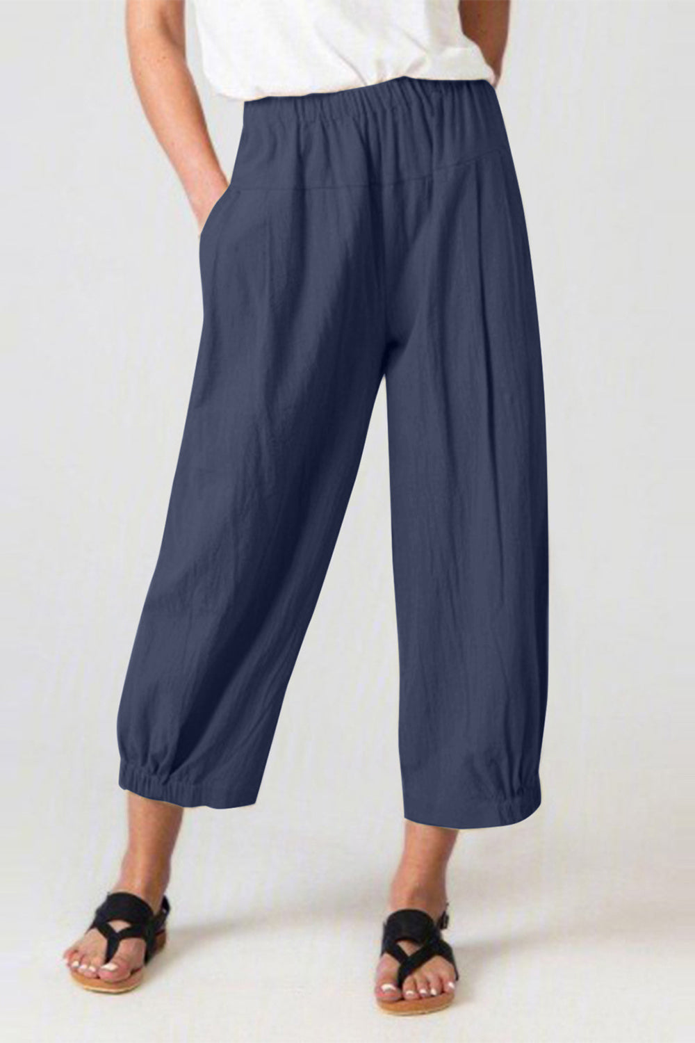 STUNNLY  Full Size Elastic Waist Cropped Pants Navy S 