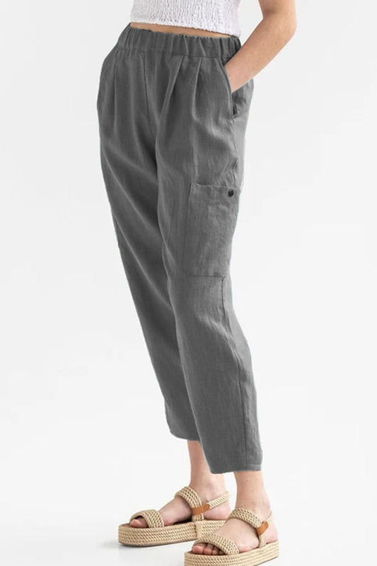 STUNNLY  Pocketed Elastic Waist Pants Charcoal S 