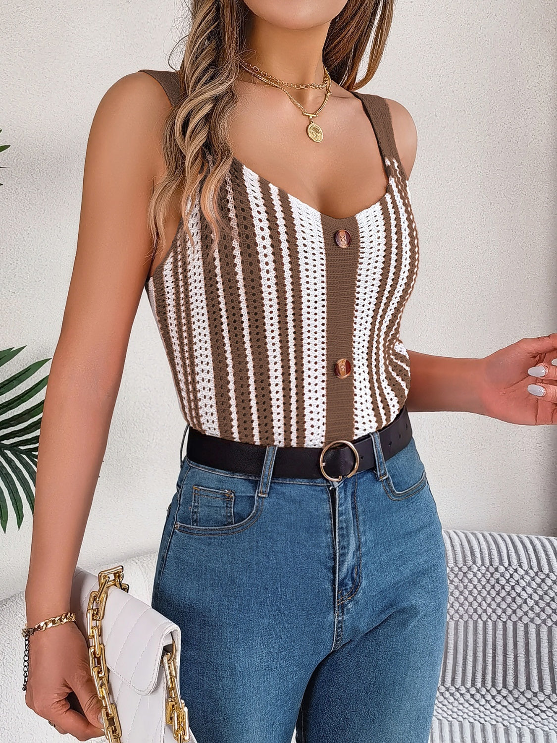 Openwork Striped V-Neck Tank Taupe S 
