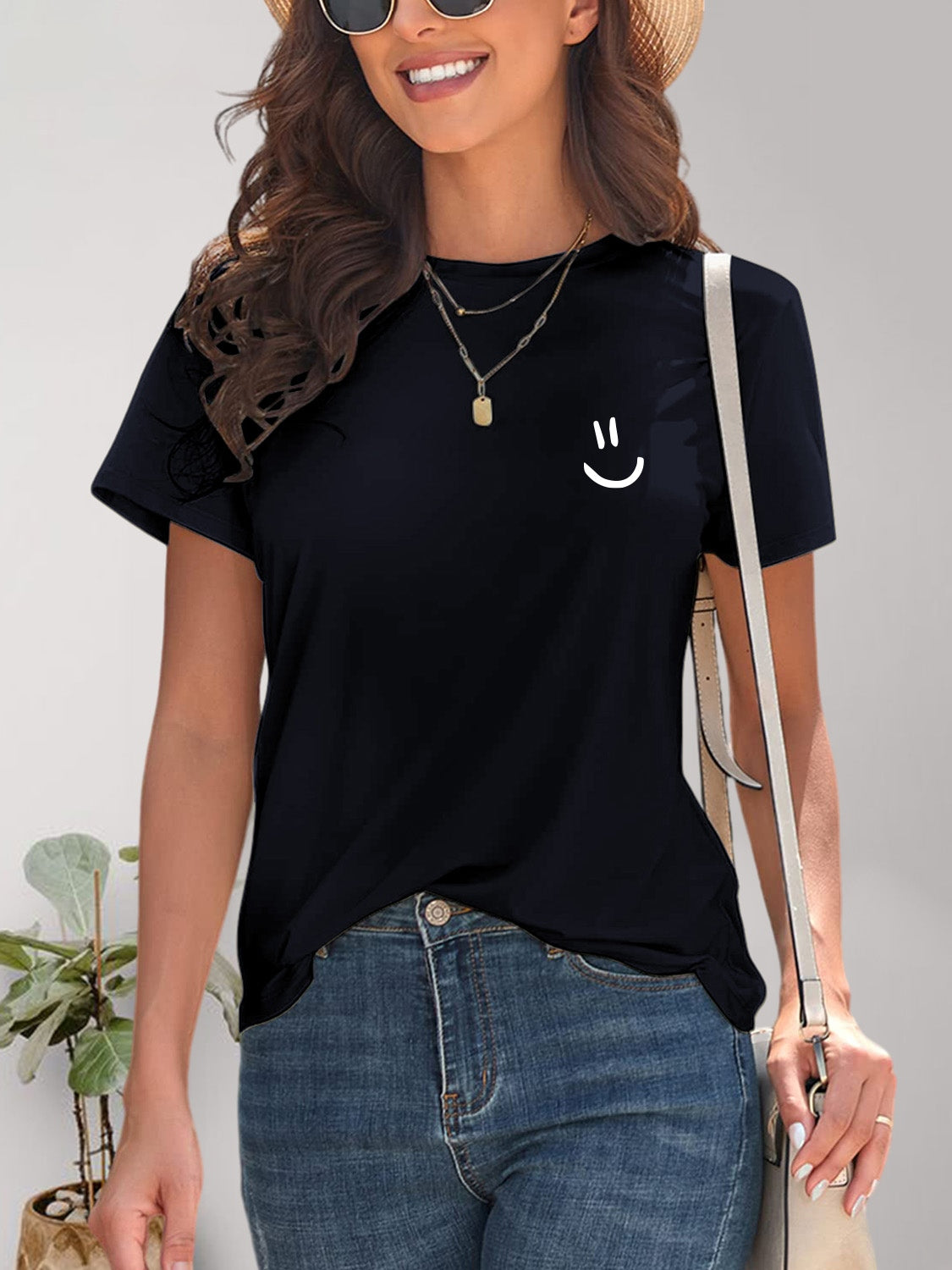 Smile Graphic Round Neck Short Sleeve T-Shirt Dark Navy S 