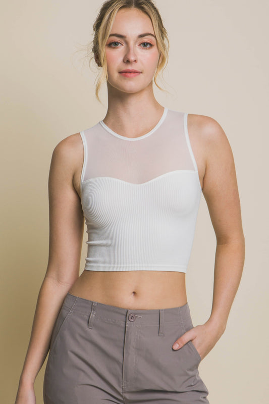 STUNNLY  Love Tree Round Neck Ribbed Cropped Mesh Tank Off White S 