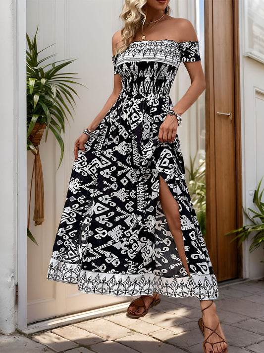 Slit Printed Off-Shoulder Dress Black S 