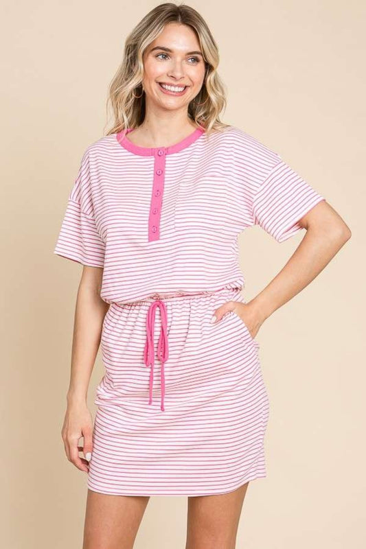 STUNNLY  Culture Code Full Size Striped Short Sleeve Mini Dress with Pockets Pink S 