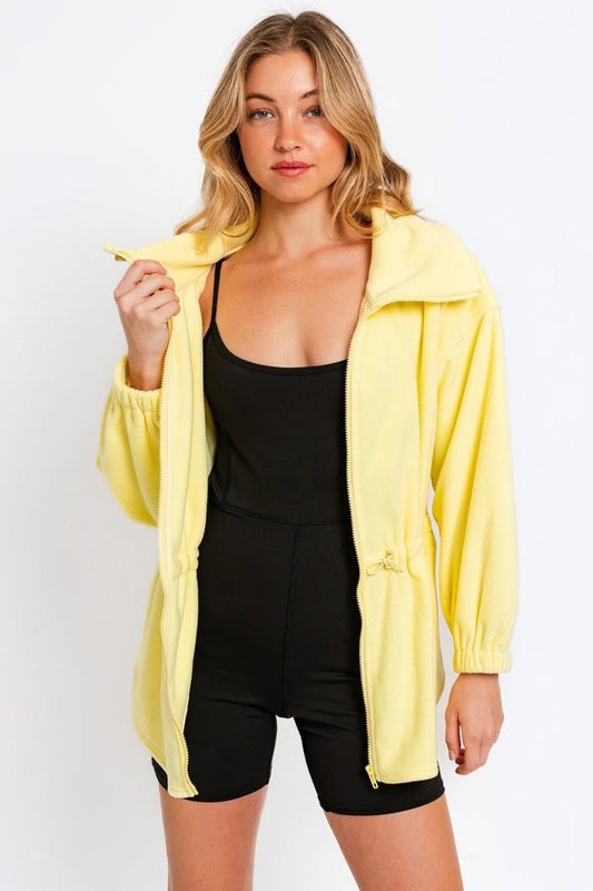 STUNNLY  Tasha Apparel Zip Up Waist Drawstring Soft Fleece Jacket Citron Yellow XS 