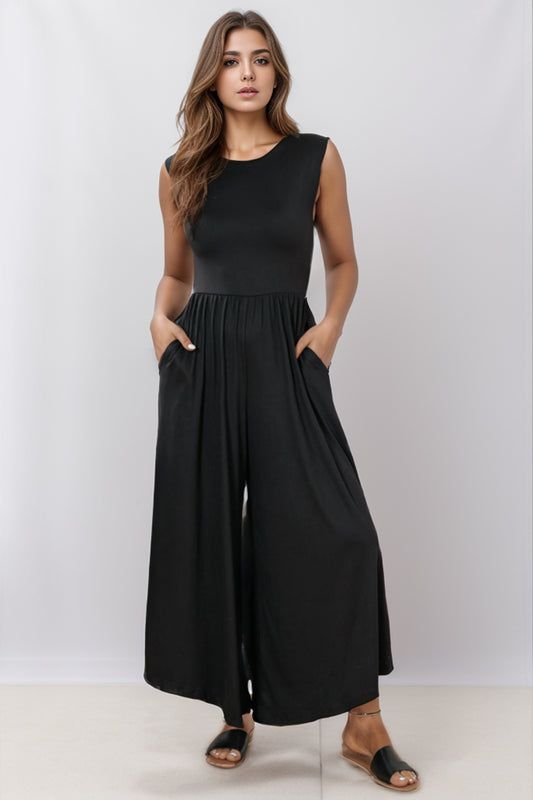 STUNNLY  Round Neck Sleeveless Jumpsuit with Pockets Black M 