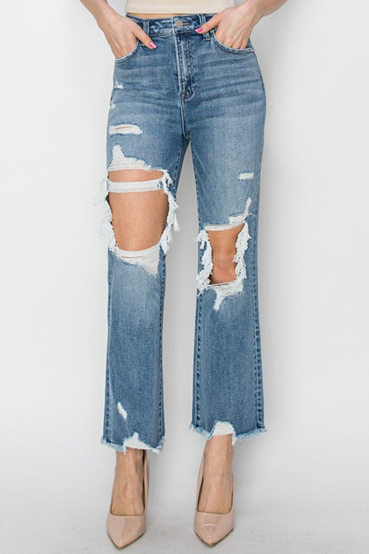 STUNNLY  RISEN High Rise Distressed Crop Straight Jeans Medium 0 