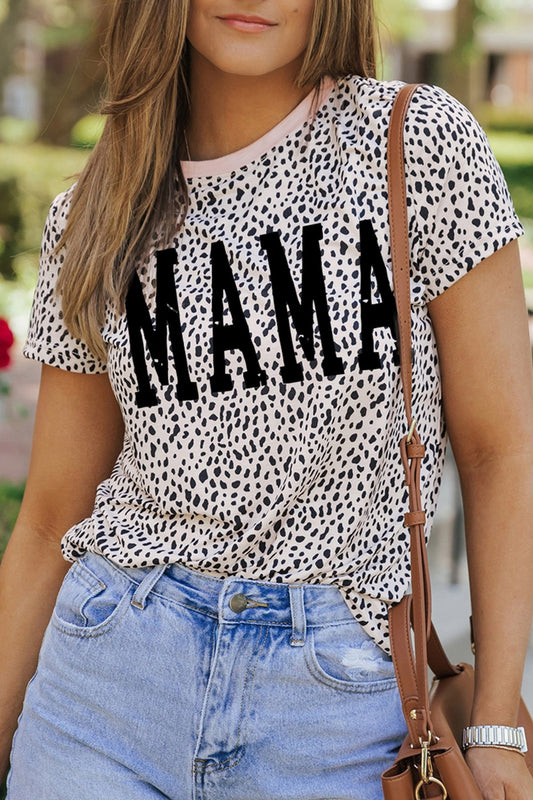 STUNNLY  MAMA Animal Print Round Neck Short Sleeve T-Shirt Leopard S 