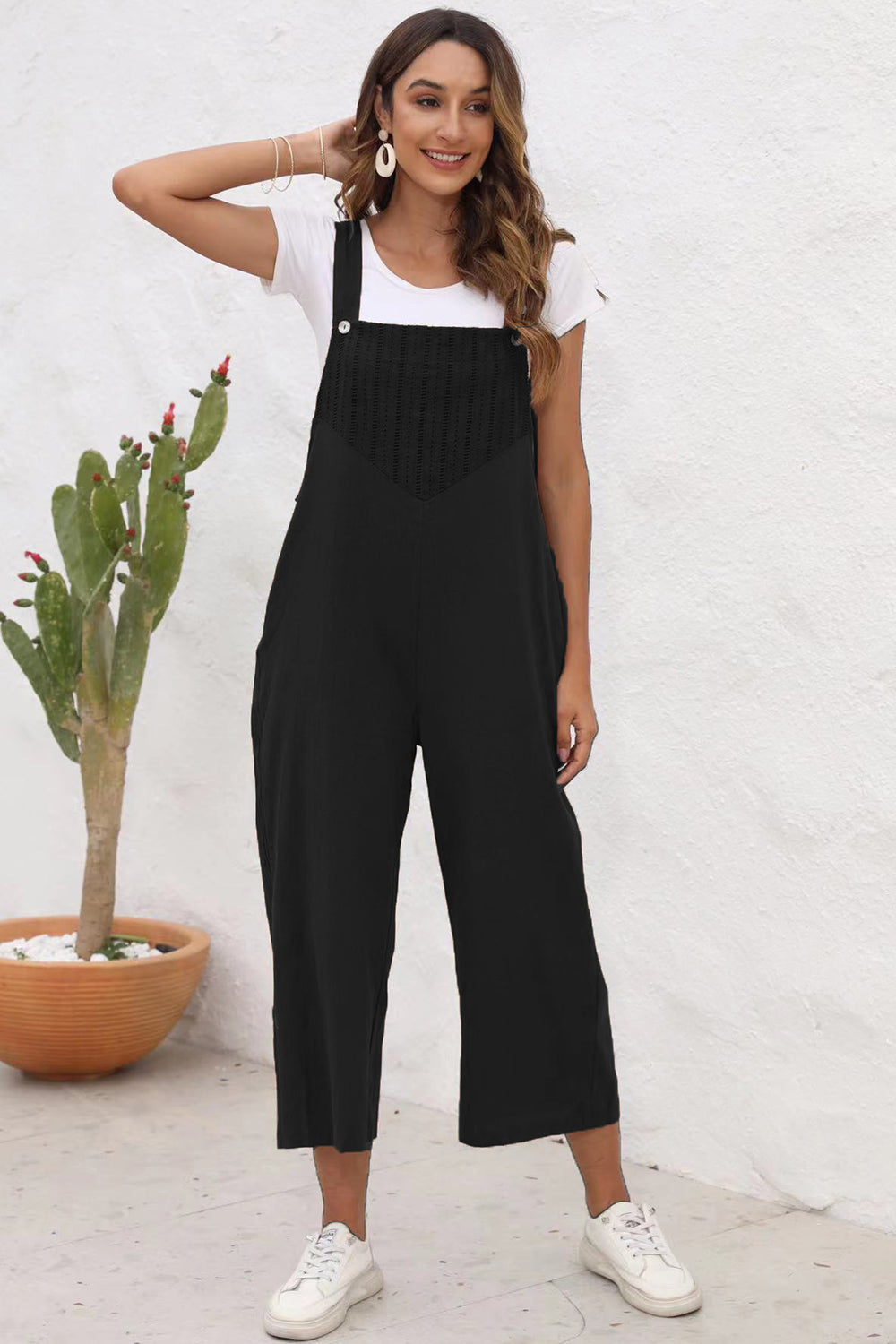 STUNNLY  Full Size Square Neck Wide Strap Jumpsuit Black S 