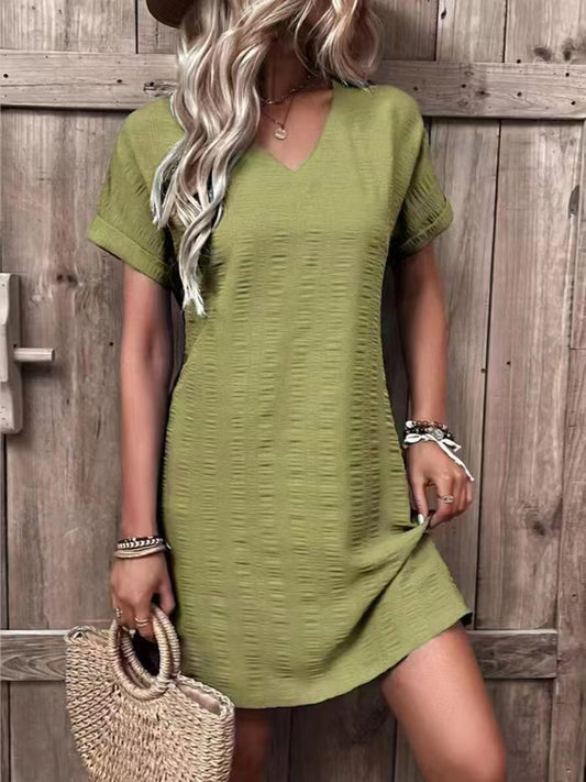 STUNNLY  Full Size V-Neck Short Sleeve Mini Dress Chartreuse S 