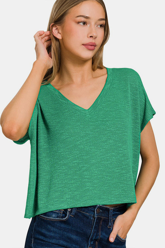 Zenana V-Neck Short Sleeve T-Shirt Green S 