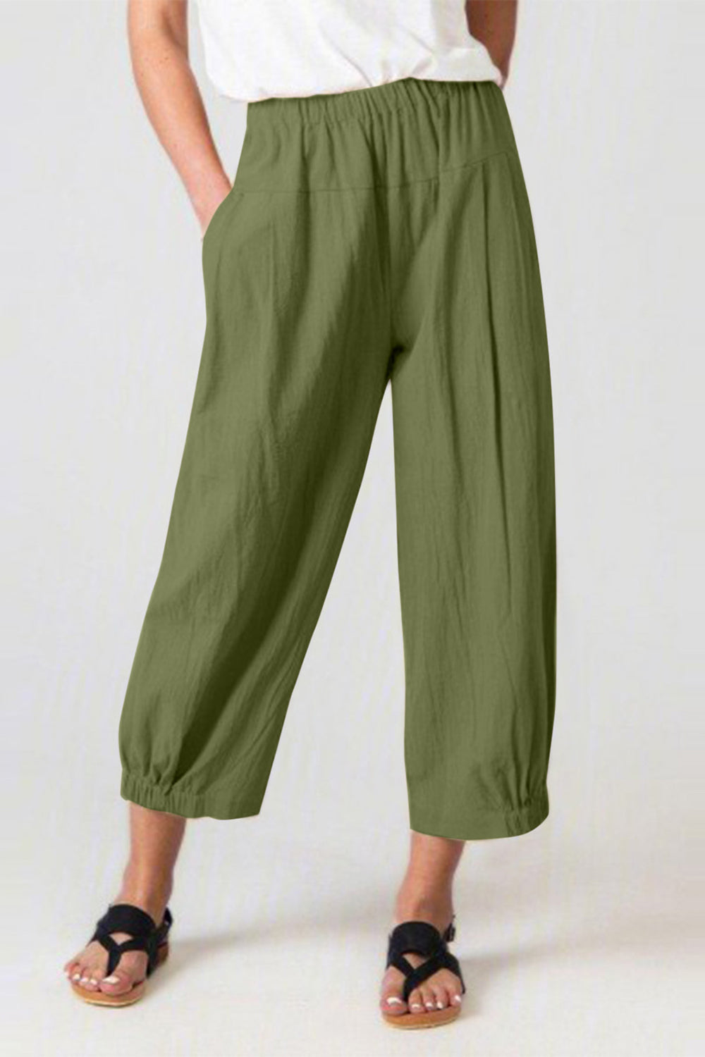 STUNNLY  Full Size Elastic Waist Cropped Pants Moss S 