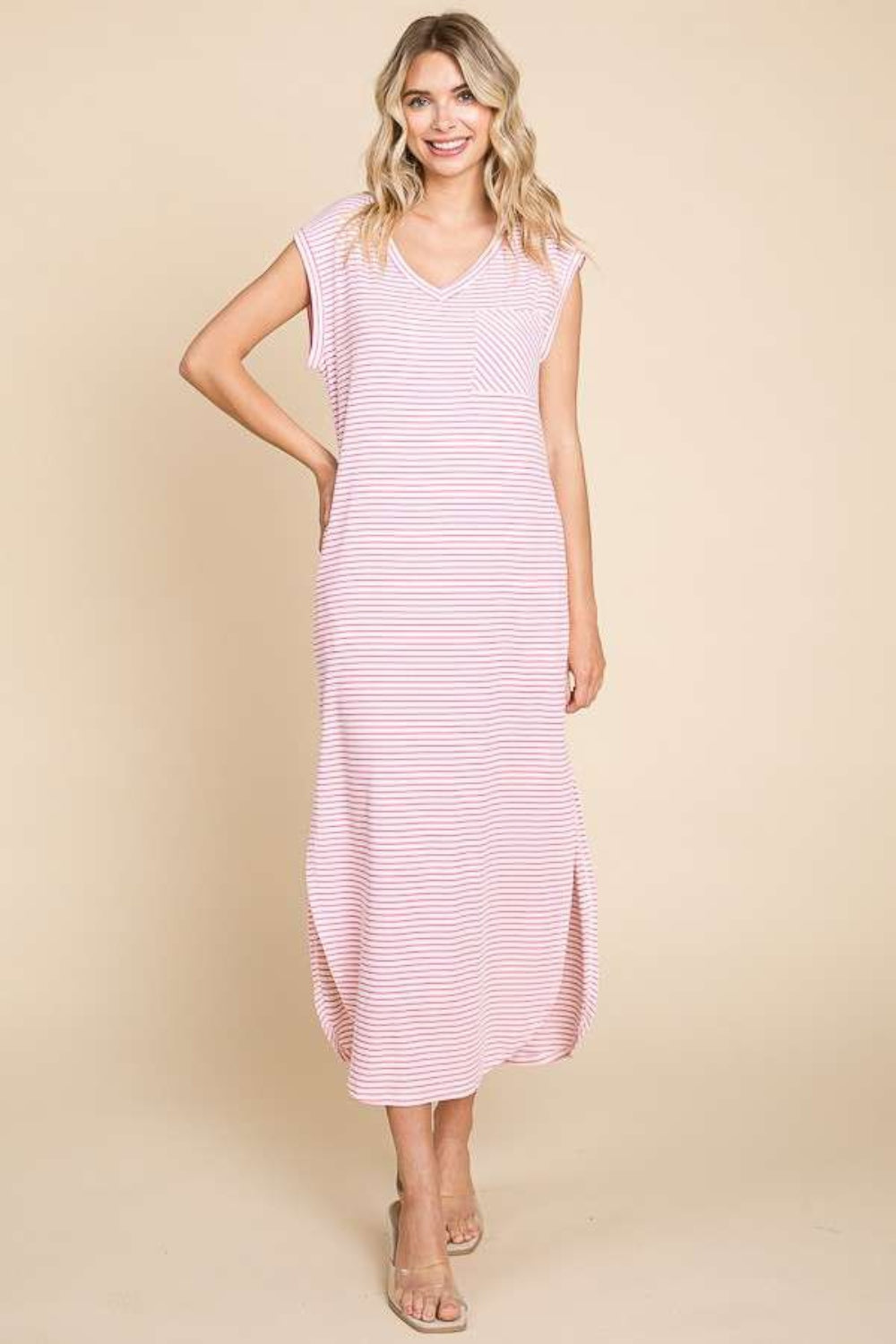 STUNNLY  Culture Code Full Size Striped V-Neck Slit Dress with Pockets   