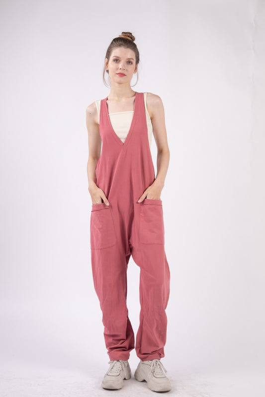 STUNNLY  VERY J  Plunge Sleeveless Jumpsuit with Pockets Brick S 
