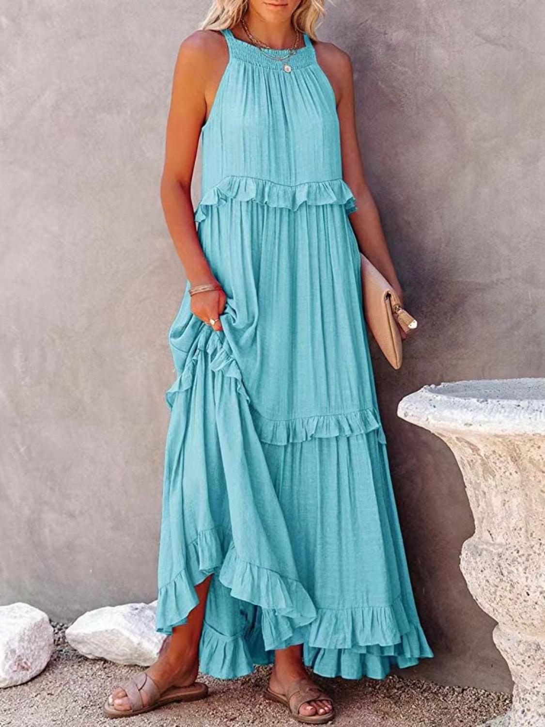 STUNNLY  Ruffled Sleeveless Maxi Dress with Pockets Sky Blue S 