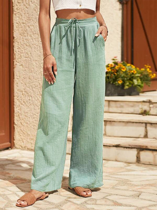STUNNLY  Texture Tied Wide Leg Pants Gum Leaf S 