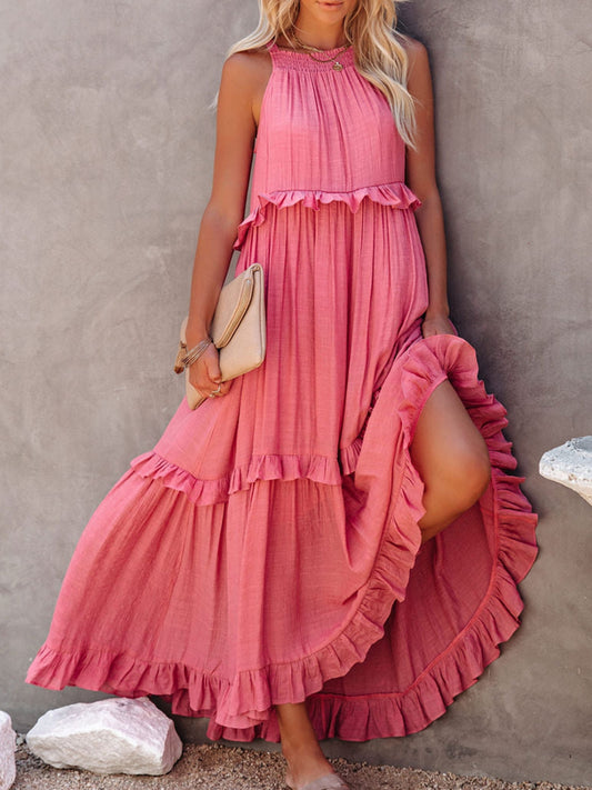 STUNNLY  Ruffled Sleeveless Maxi Dress with Pockets Burnt Coral S 