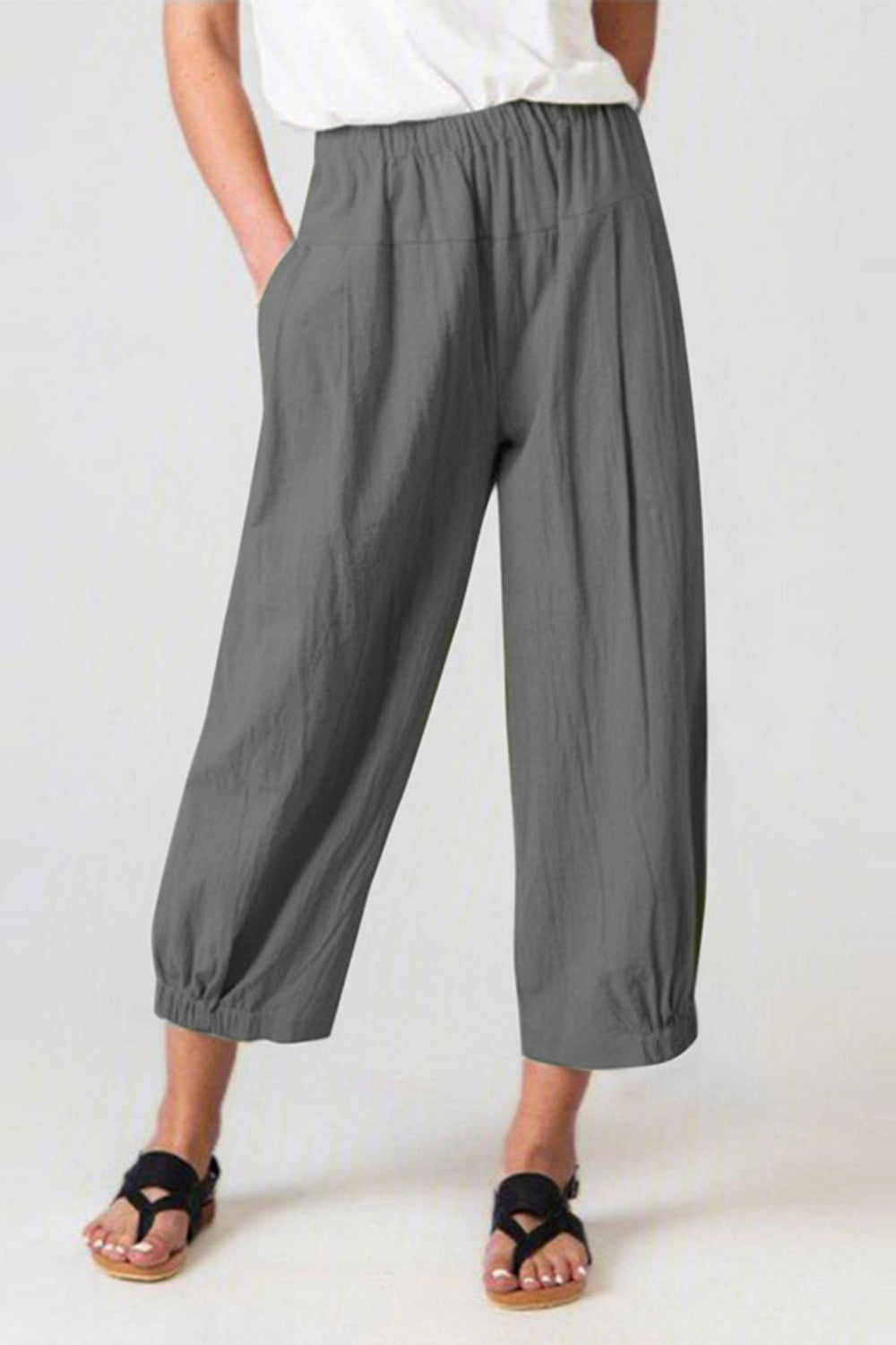 STUNNLY  Full Size Elastic Waist Cropped Pants Charcoal S 