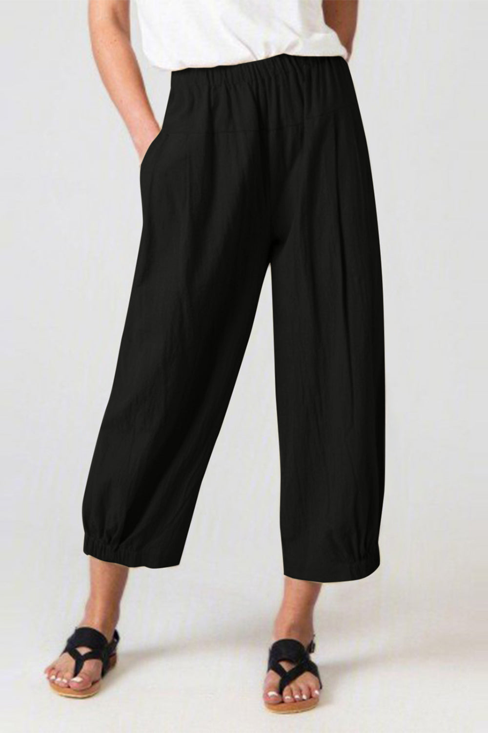 STUNNLY  Full Size Elastic Waist Cropped Pants Black S 