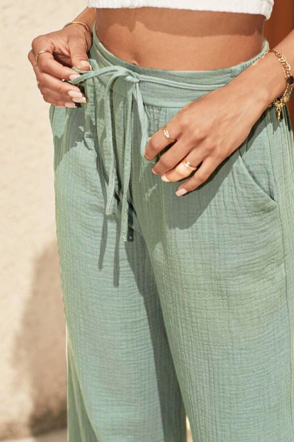 STUNNLY  Texture Tied Wide Leg Pants   