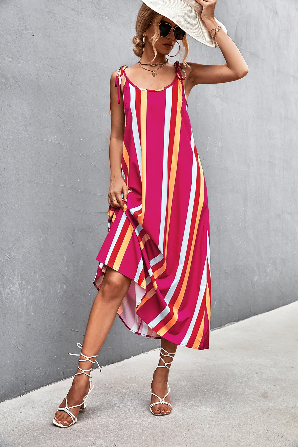 STUNNLY  Striped Scoop Neck Cami Dress   