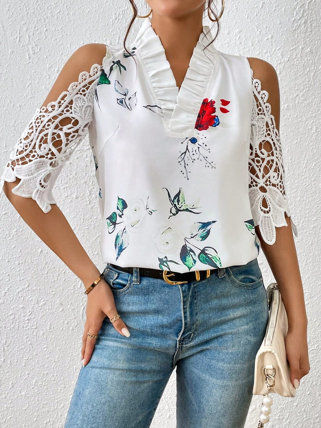 STUNNLY  Full Size Lace Printed Half Sleeve Blouse   