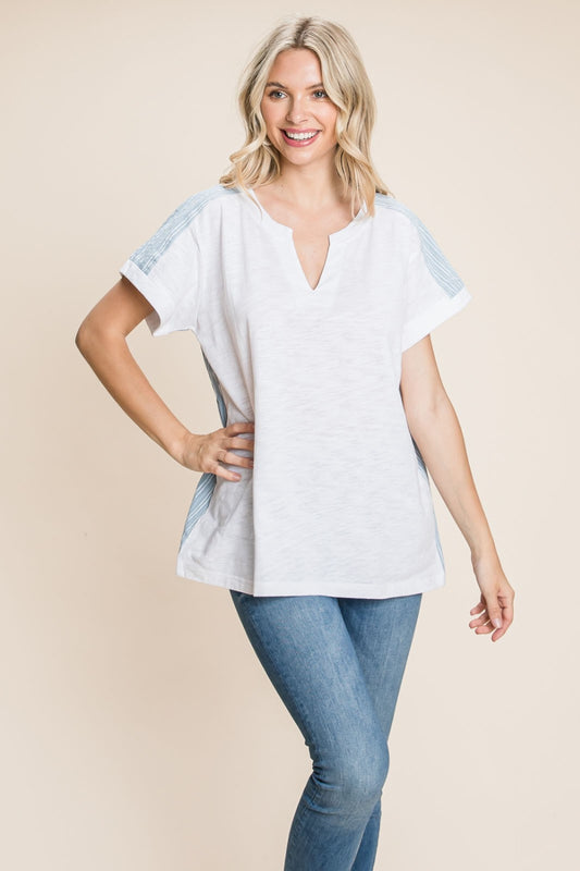 Cotton Bleu by Nu Lab Striped Contrast Short Sleeve T-Shirt Denim S 
