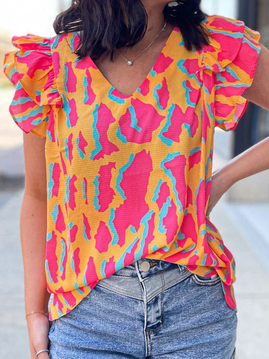 Ruffled Printed V-Neck Cap Sleeve Blouse Multicolor S 