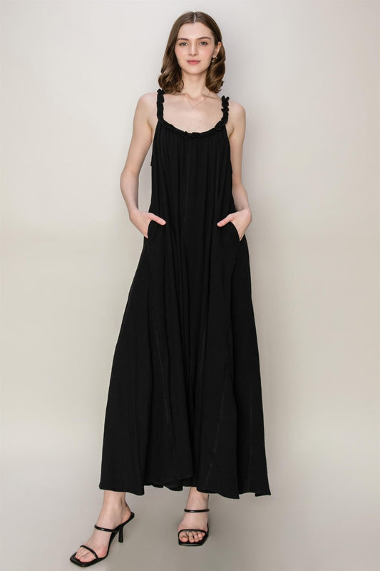 HYFVE Frill Sleeveless A-Line Maxi Dress Black S 