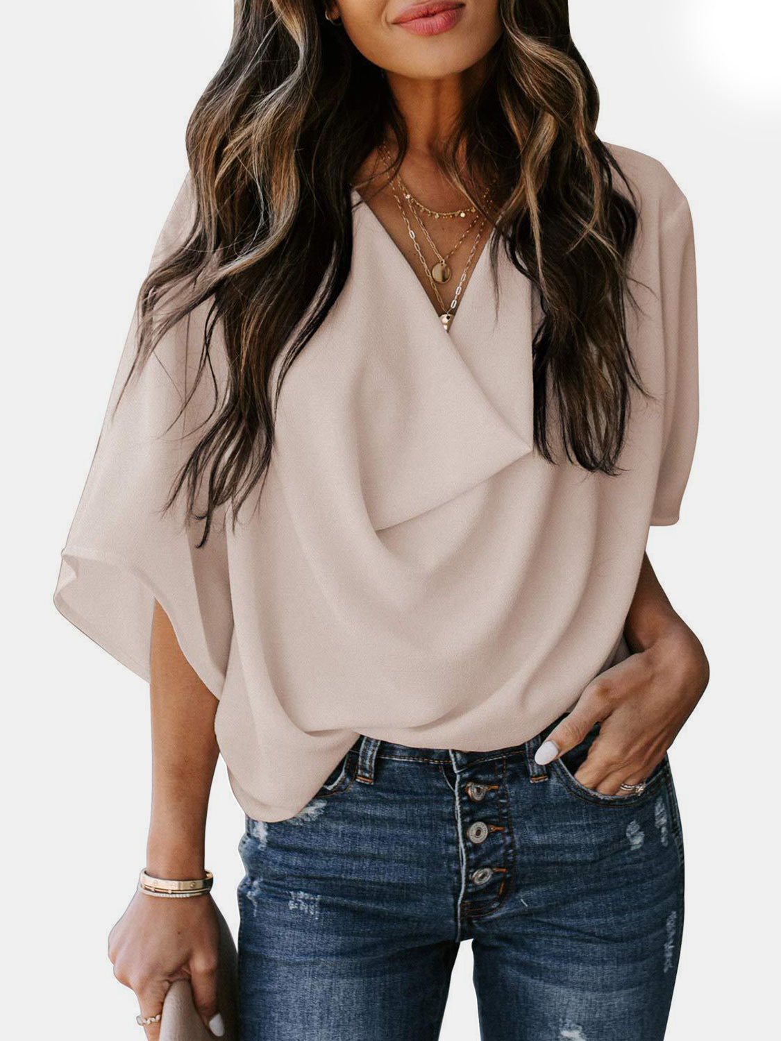 STUNNLY  Full Size Cowl Neck Three-Quarter Sleeve Blouse Dust Storm S 
