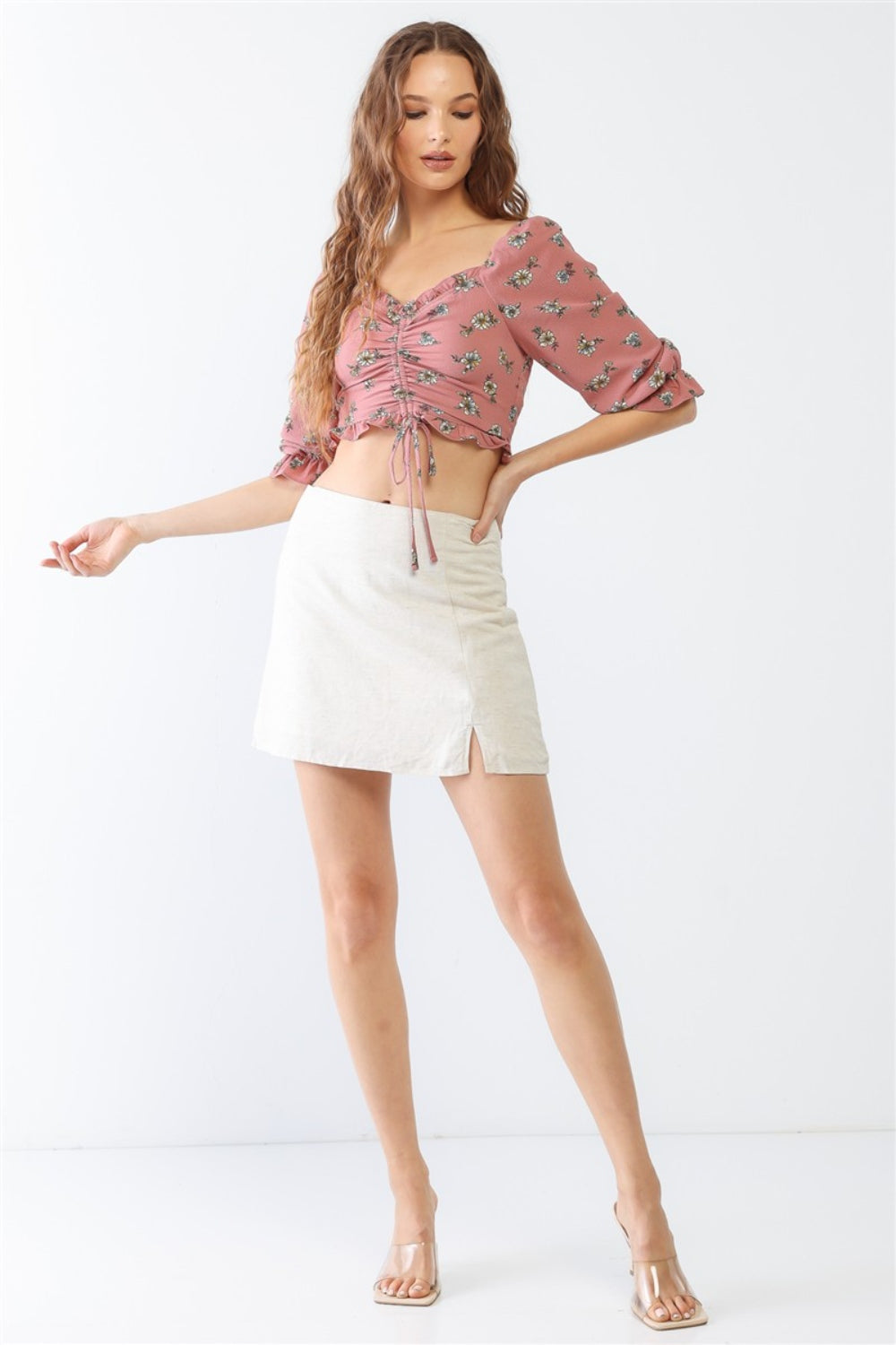 STUNNLY  Tasha Apparel Floral Ruffle Smocked Back Ruched Crop Top   