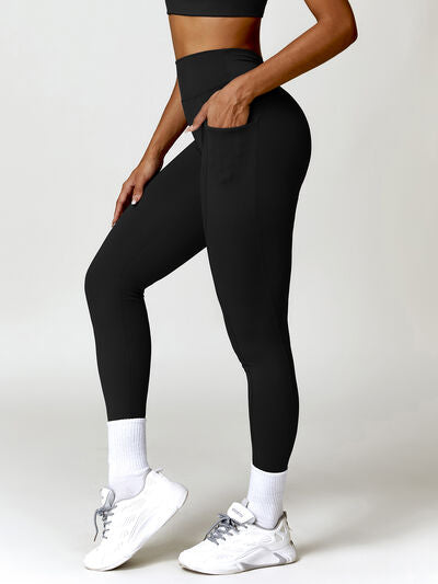 Ruched Pocketed High Waist Active Leggings Black S 
