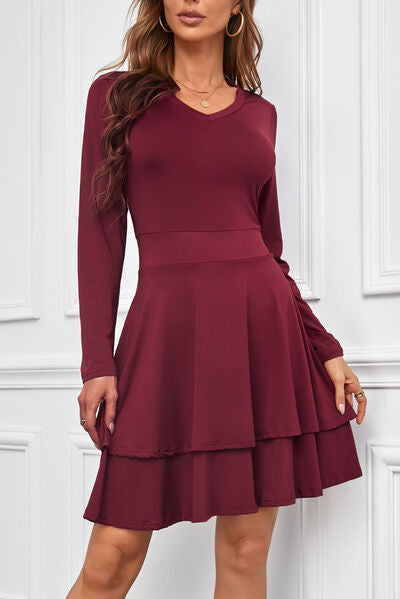 V-Neck Long Sleeve Layered Dress Wine S 