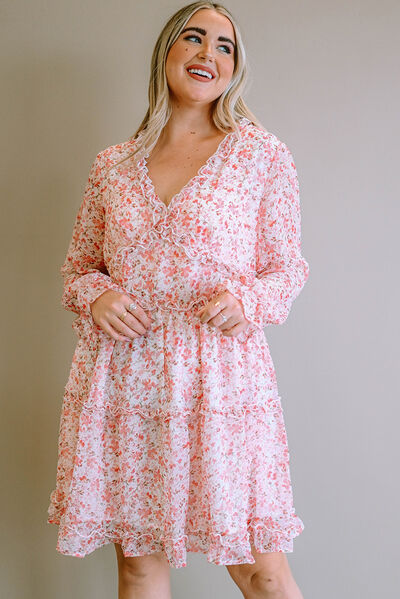 Plus Size Floral V-Neck Frill Long Sleeve Dress Blush Pink 1X 