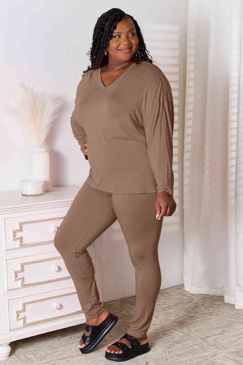 Basic Bae Full Size V-Neck Soft Rayon Long Sleeve Top and Pants Lounge Set Taupe S 