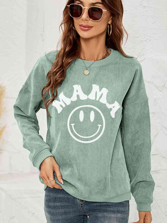 Round Neck Long Sleeve MAMA Graphic Sweatshirt Gum Leaf S 