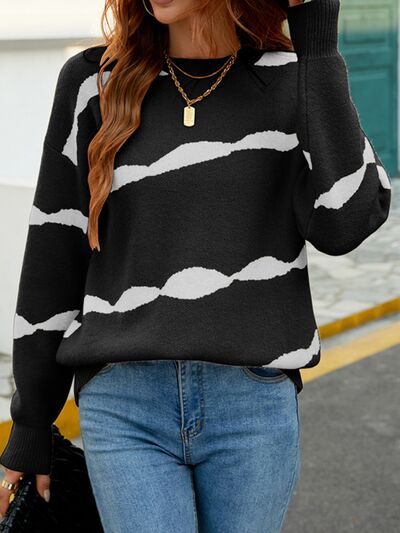 Striped Round Neck Dropped Shoulder Sweater Black S 