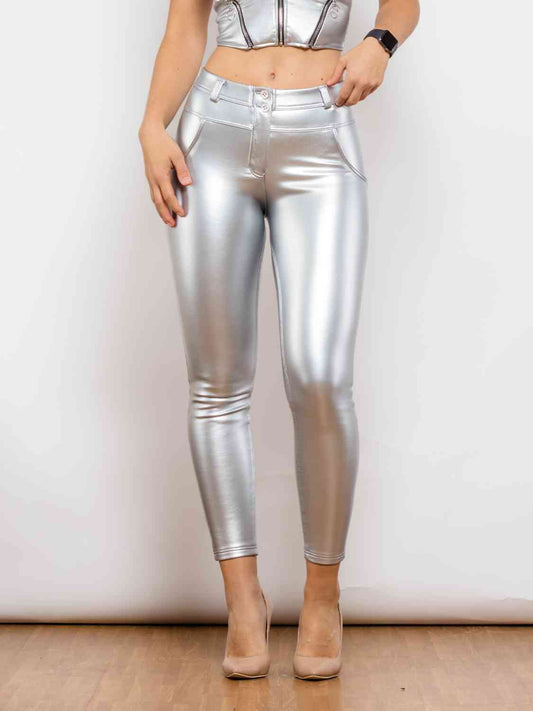 Full Size PU Skinny Pants Silver XXS 