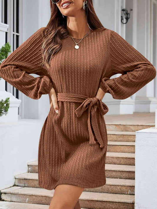 Round Neck Tie Front Long Sleeve Dress Tan S 