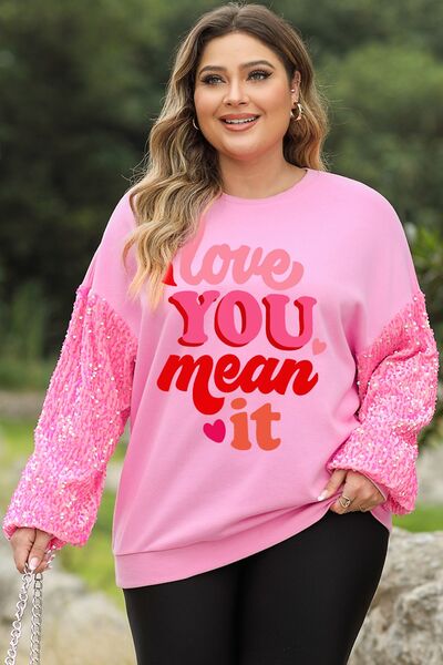 Plus Size LOVE YOU MEAN IT Sequin Round Neck Sweatshirt Carnation Pink 1XL 