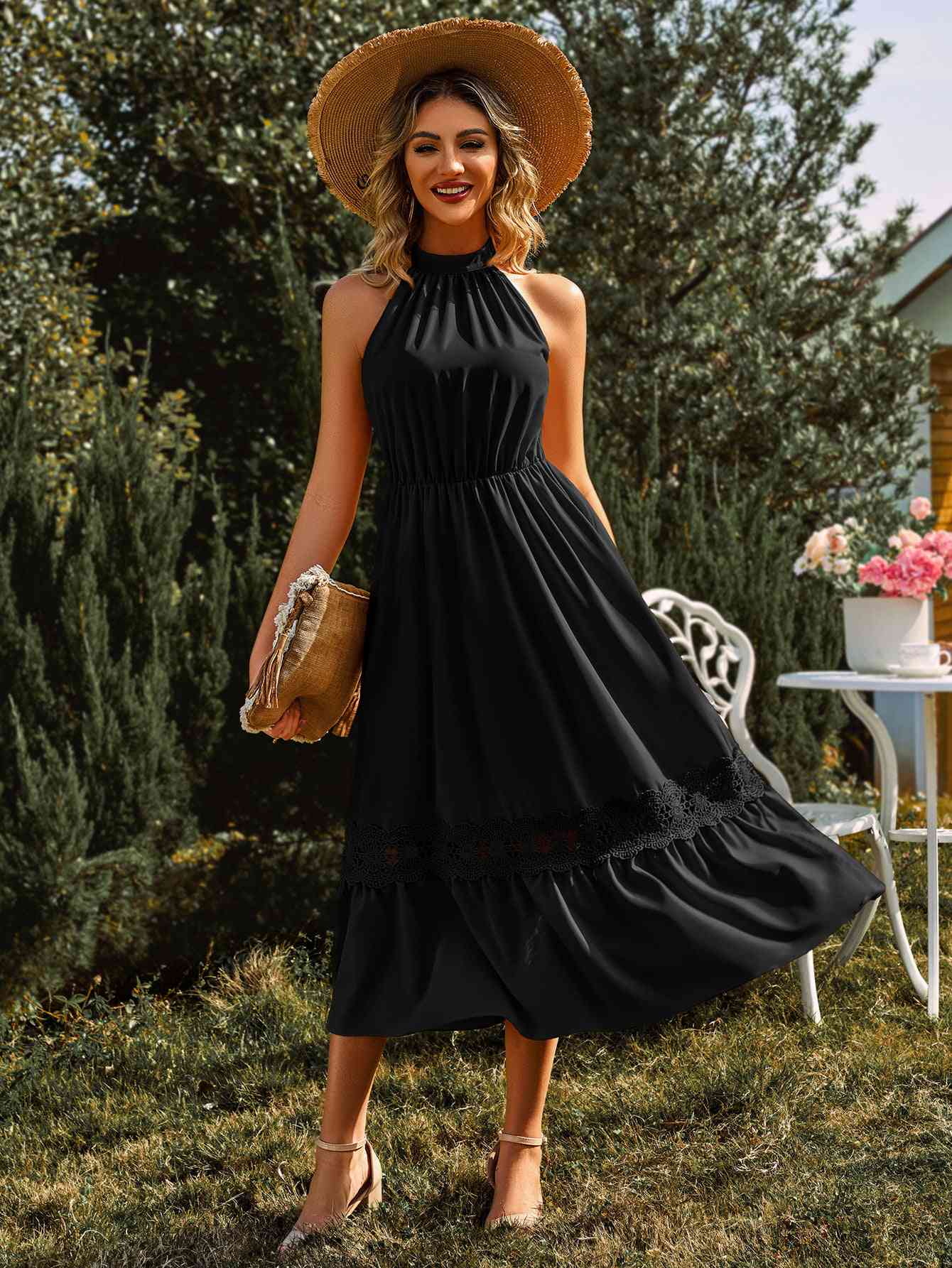 Grecian Neck Spliced Lace Midi Dress Black S 