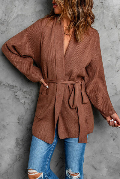 Tied Open Front Dropped Shoulder Cardigan Chestnut S 