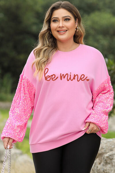 Plus Size BE MINE Sequin Round Neck Sweatshirt Carnation Pink 1XL 
