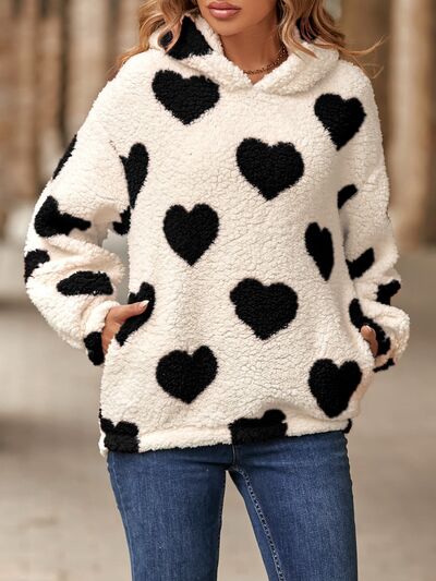Fuzzy Heart Pocketed Dropped Shoulder Hoodie Black S 