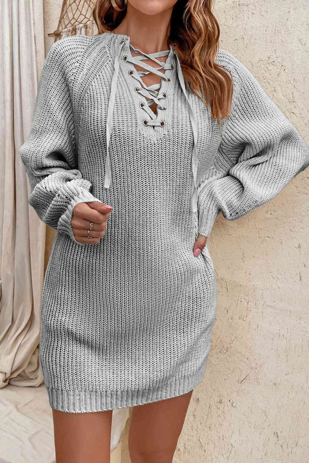 Lace-Up Mini Sweater Dress Charcoal S 