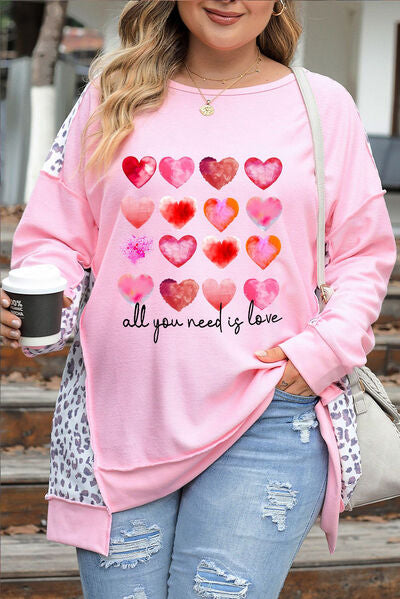 Plus Size Heart Leopard Dropped Shoulder Sweatshirt Blush Pink 1XL 