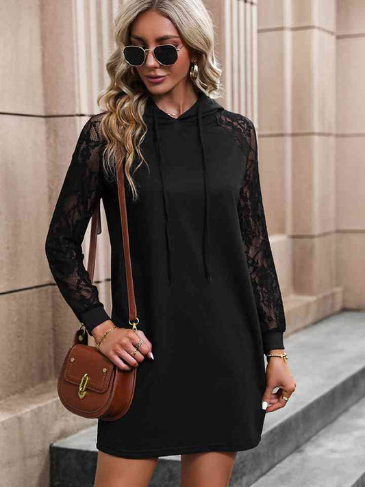 Lace Trim Long Sleeve Hooded Dress Black S 