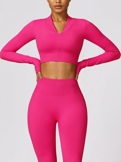 Zip Up Baseball Collar Long Sleeve Active Outerwear Hot Pink S 
