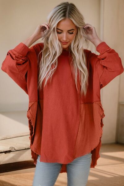 Contrast Texture Round Neck Long Sleeve Blouse Red Orange S 